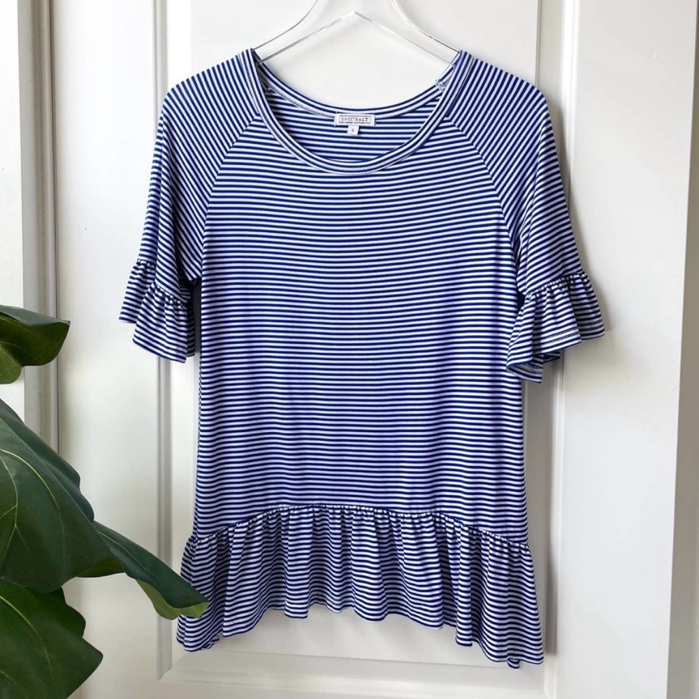 Sweet Salt Modest Clothing Blue Stripe Ruffle Peplum T Shirt Small